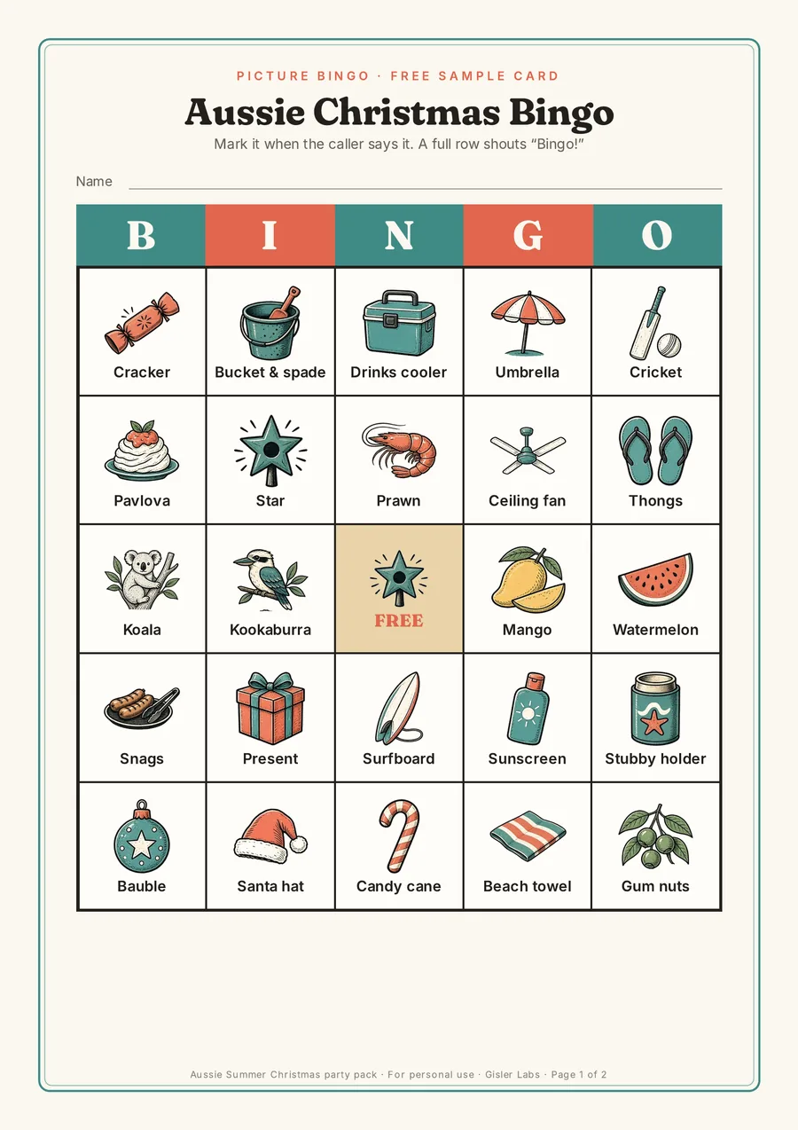 Aussie Christmas picture bingo card with a cracker, pavlova, prawn, thongs, koala, kookaburra, mango, Santa hat and gum nuts around a FREE square in the middle