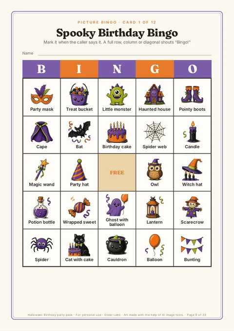 Preview of a Spooky Birthday Bingo card with illustrated pumpkins, bats, cake and a friendly ghost