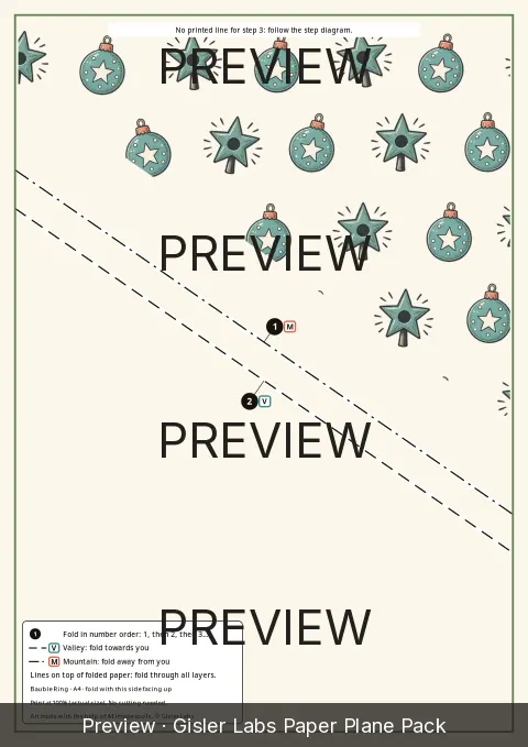 Preview of the Bauble Ring fold sheet: numbered fold lines over linocut art, marked PREVIEW
