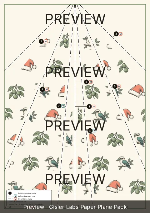 Preview of the Kookaburra Dart fold sheet: numbered fold lines over linocut art, marked PREVIEW