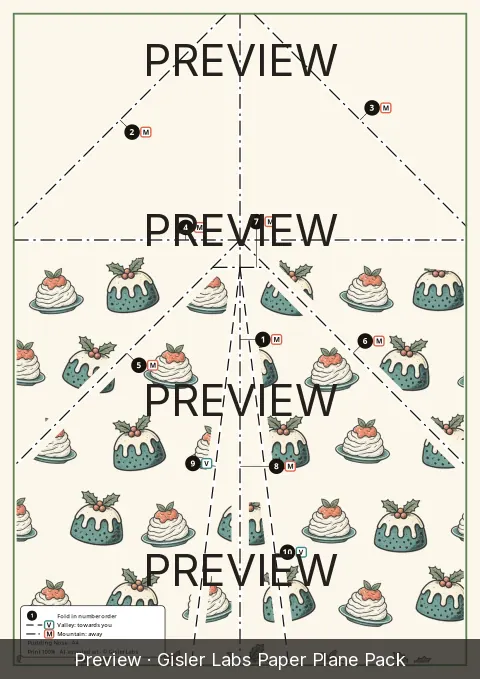 Preview of the Pudding Nose fold sheet: numbered fold lines over linocut art, marked PREVIEW